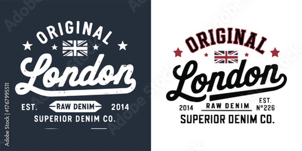 Fototapeta Original London raw denim vintage logo set with Union Jack and retro typography for superior clothing brand design