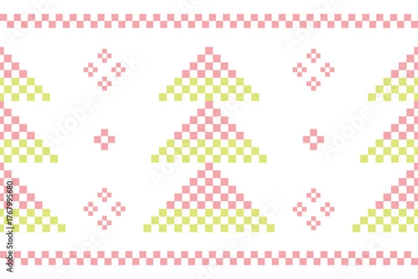 Fototapeta Colorful pastel embroidery,Pine tree seamless pattern.Beautiful Scandinavian woodland folk design.Geometric ornament.Abstract pixel repeated background.Cute illustration for happy holiday,Christmas.
