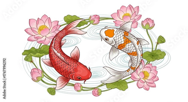 Obraz Elegant koi fish illustration with delicate lotus flowers conveying serenity and harmony