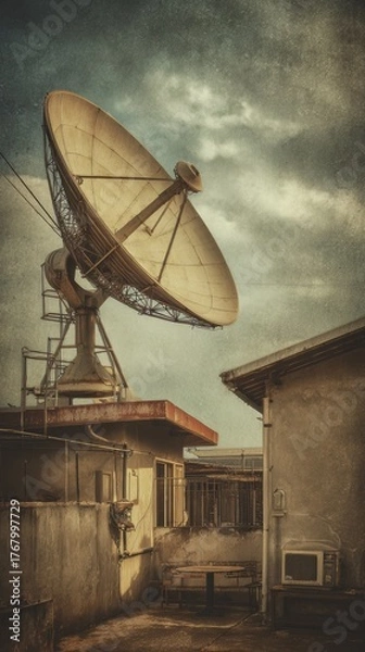 Obraz Satellite dish on rooftop under dramatic sky with vintage effect