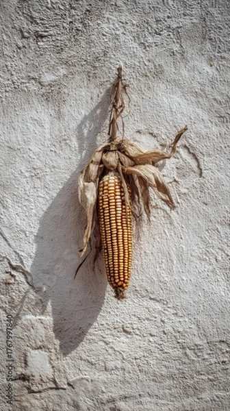 Obraz Dried Corn Cob Hanging Against Rustic White Wall Background