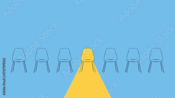 Fototapeta Yellow chair spotlight among blue chairs concept of leadership hiring and individuality on minimal blue background