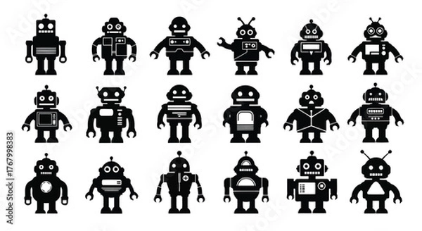 Fototapeta Collection of various robot icons in black and white, representing artificial intelligence and automation