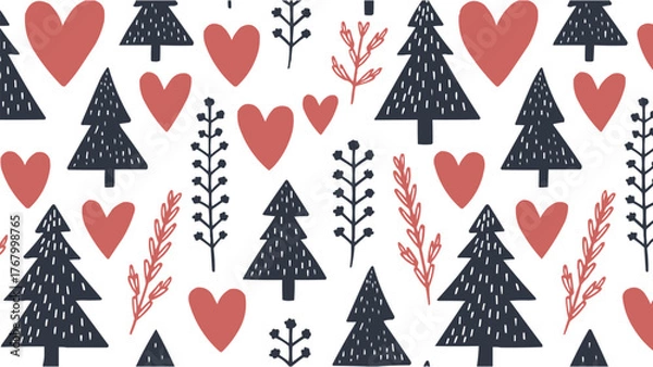 Fototapeta Seamless pattern with hand-drawn pine trees hearts and branches in Scandinavian folk style with modern minimalist aesthetic