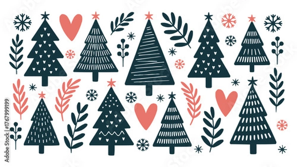 Fototapeta Handdrawn Christmas trees pattern with snowflakes, hearts, and botanical elements — minimal Nordic folk illustration on white