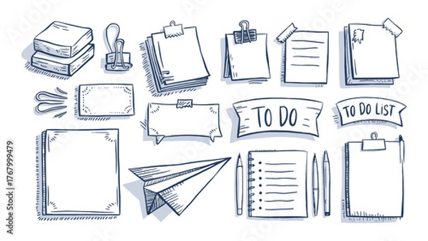 Fototapeta Hand drawn stationery doodle set with to do list, notes, clips, clipboard, pens, paper plane, blank banners, planner icons vector