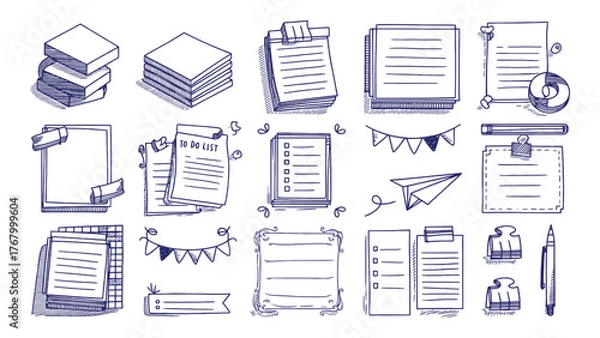 Fototapeta Hand drawn office stationery doodle set with paper notes checklist to do list banner pen clip paper plane vector illustration