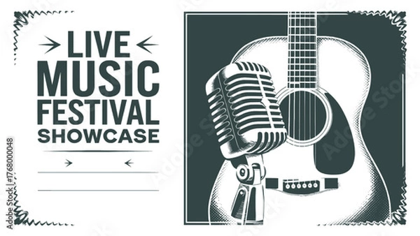 Fototapeta Live music festival showcase poster with vintage microphone and acoustic guitar illustration concert event retro vector design