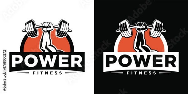 Fototapeta Power Fitness gym logo with muscular arm lifting barbell in bold black and orange design for sports training branding and bodybuilding inspiration
