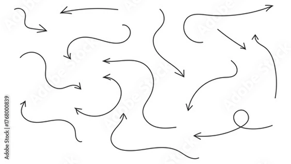 Fototapeta Collection of Hand-Drawn Arrow Icons. Abstract Grunge Scribble, Chalk Texture, and Brush Stroke Lines in Curved Up and Down Directions. Vector Illustration