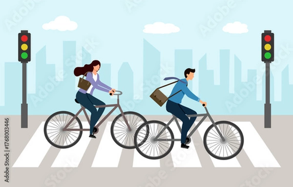 Fototapeta Businessman and woman with bicycle traveling to work in city. Crossing road by crosswalk with zebra markup.