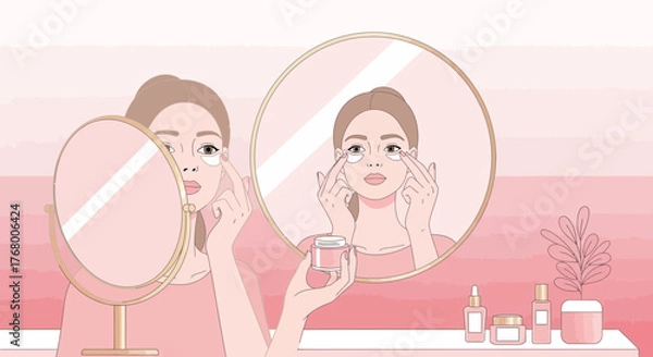 Fototapeta Elegant woman applying under-eye patches in front of a mirror for skincare routine