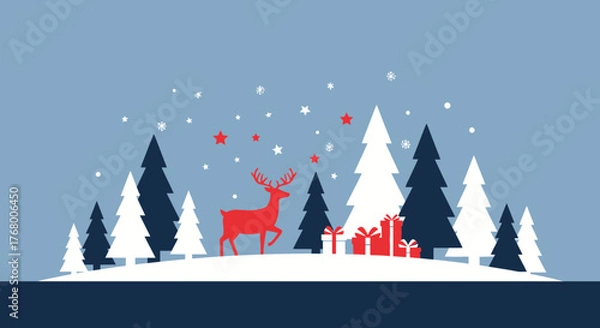 Fototapeta Festive Christmas and New Year Scene with Reindeer, Trees, Gifts and Snowflakes in Winter Landscape