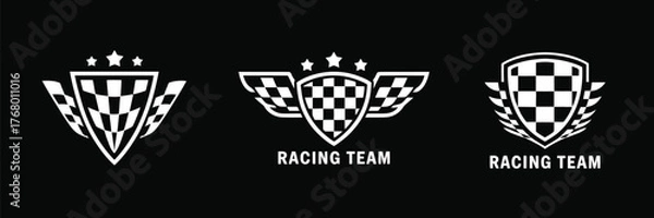 Fototapeta Racing Design Vector with Logos and Car Stripes – Set of racing symbols, flags, sport decals, and graphic vinyl elements perfect for motorsport visuals, car wraps, and speed-themed designs.