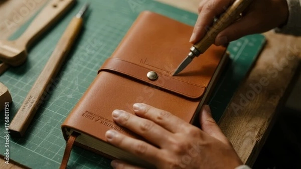 Fototapeta Craftsman engraving a leather-bound notebook with a precision knife on a cutting mat