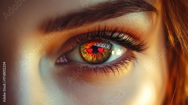 Fototapeta Close-up of a brown eye with long eyelashes reflecting two red heart shapes filled with warm golden light around the eye, evoking feelings of love and admiration