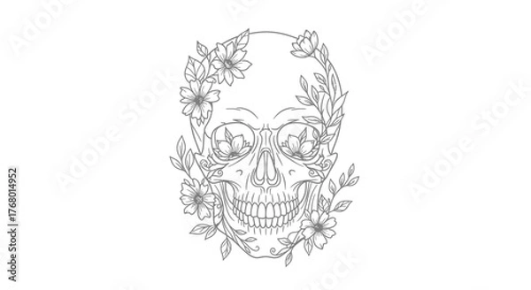 Fototapeta Floral skull illustration combining mortality and natural beauty in a delicate monochrome line art