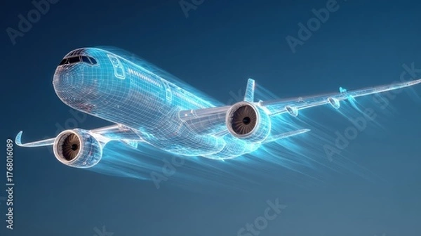 Fototapeta Futuristic airplane in flight digital environment 3d animation technology concept aerial view