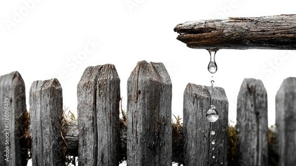 Fototapeta Wood Fence and Droplet: a rustic wooden fence weathered by time and elements, from the tip of the wood hangs a single glistening droplet. An image suggesting nature's elements at play.