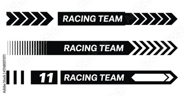 Fototapeta Black Arrow Car Stripe and Racing Decal Vector Set – Collection of minimalist racing lines, vinyl sticker designs, and sport-inspired automotive decorations for modern car wraps and graphic design.