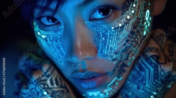 Obraz Woman face with neon circuit design