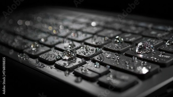 Obraz Resilient Technology: A close-up view of a sleek, black keyboard glistens with droplets of water, showcasing its robust design and technological prowess.
