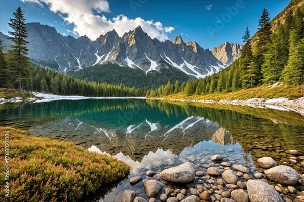 Fototapeta Pristine Alpine Lake with Perfect Mountain Reflections and Turquoise Waters
