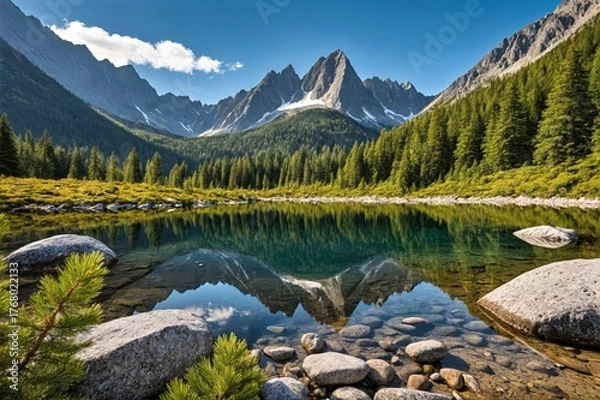 Fototapeta Pristine Alpine Lake with Perfect Mountain Reflections and Turquoise Waters