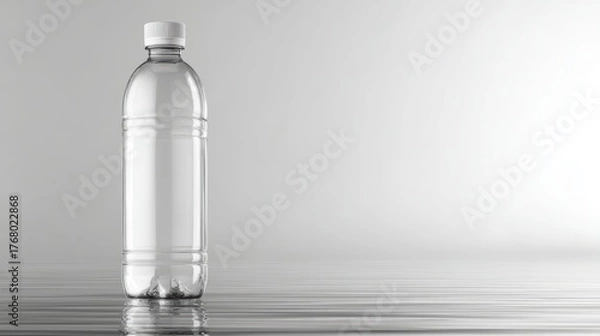 Obraz Clear Plastic Bottle on Calm Water Surface with Gray Background
