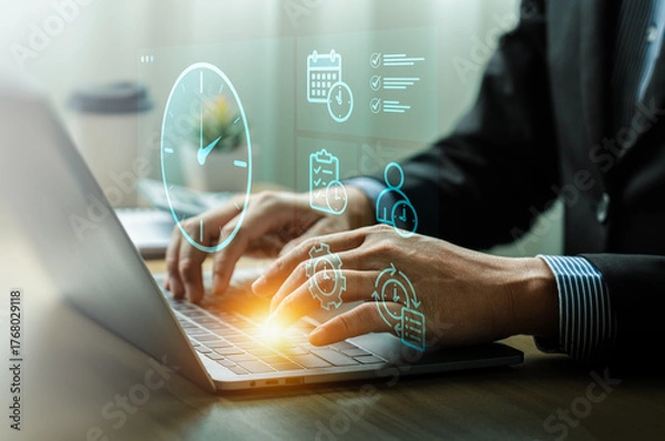 Fototapeta Time management and productivity concept with person typing on laptop surrounded by digital clock, calendar, checklist, workflow icons, symbolizing task scheduling, efficiency, effective organization