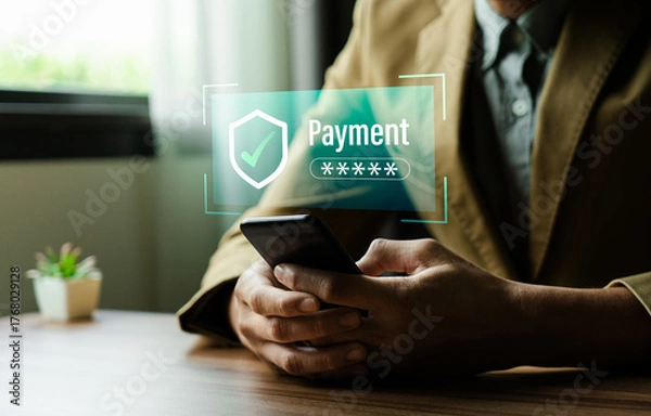 Fototapeta Secure online payment and financial technology concept with user using smartphone and laptop for safe transaction, digital wallet, mobile banking, ecommerce checkout, data protection, cybersecurity