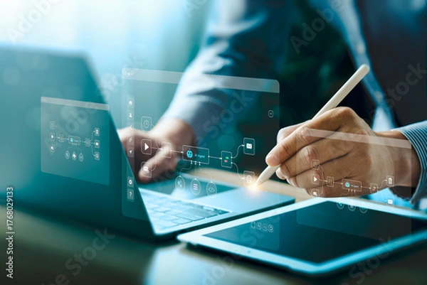 Fototapeta AI agent data tools and workflow automation concept with businessman typing on laptop and interacting with digital process interface for artificial intelligence development, integration, productivity