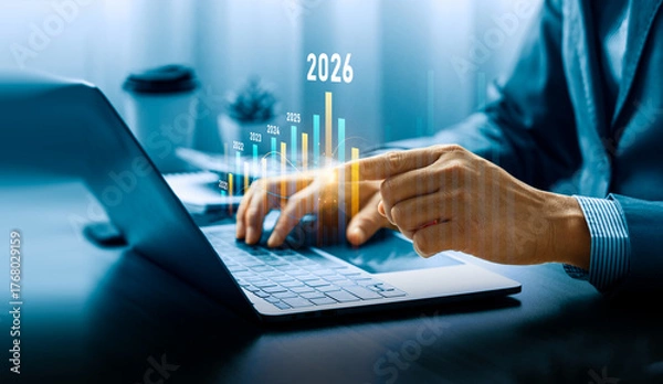 Fototapeta Business growth and financial projection concept for 2026 with businessman analyzing bar chart and data on laptop, showing increasing profit trend, investment success, strategic economic development