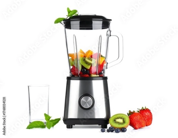 Fototapeta A blender filled with fruits and a glass beside it, ready to blend