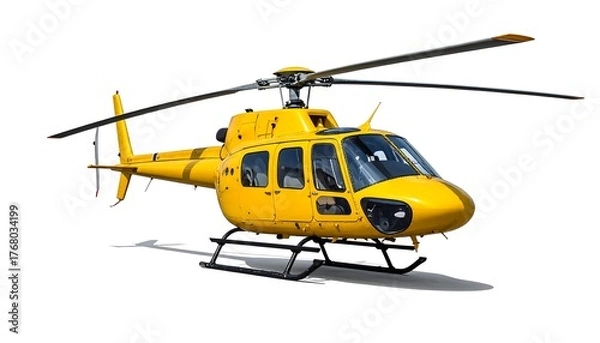 Fototapeta A bright yellow helicopter, isolated on white, casting a shadow