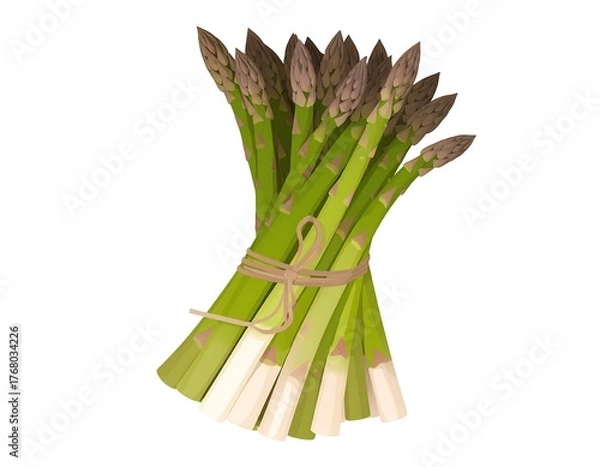 Fototapeta A bundle of fresh asparagus, tied with twine, on a white background