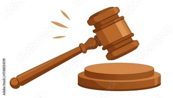 Fototapeta A cartoon wooden gavel and block on a white background