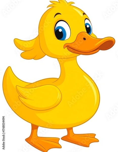 Fototapeta A cheerful cartoon depiction of a yellow duckling standing, smiling