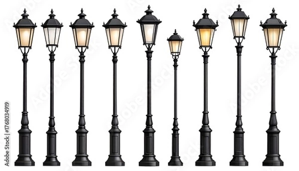 Fototapeta A collection of ornate black lampposts with illuminated lamps