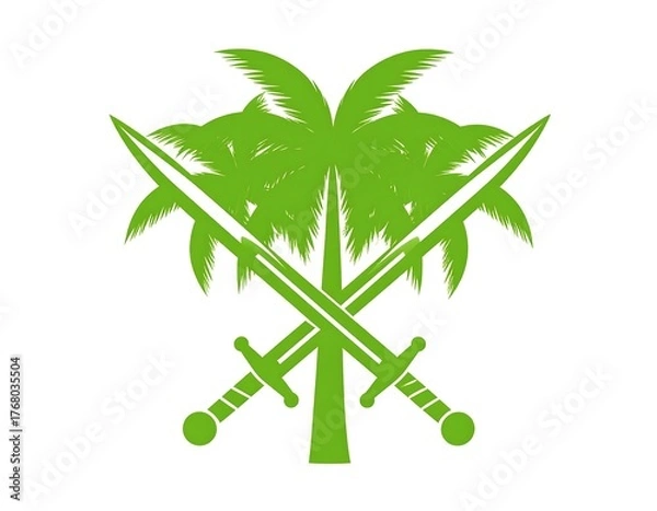 Fototapeta A green illustration featuring crossed swords and a palm tree