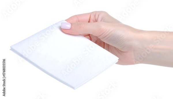 Fototapeta A hand holding a folded white square item, isolated on a white background