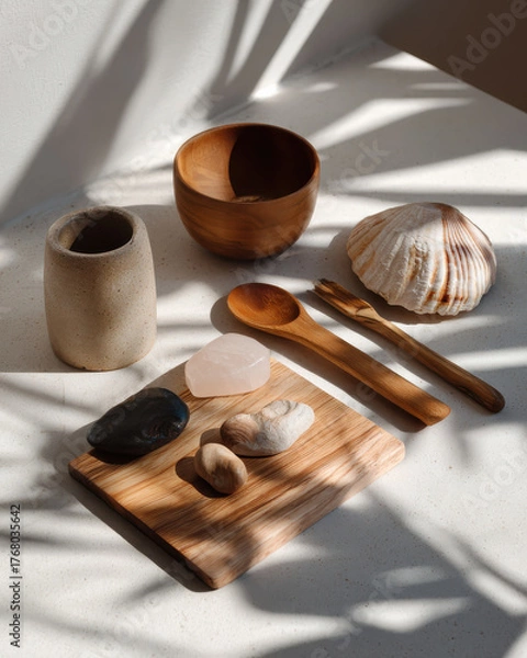 Fototapeta Minimalist flat lay featuring wooden accents, stone objects, and natural materials, creating serene and calming atmosphere