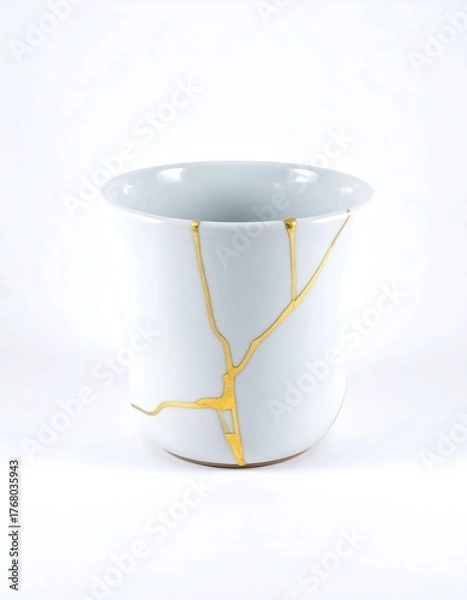 Fototapeta A simple white cup, broken then mended with golden seams