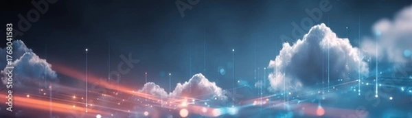 Fototapeta Abstract digital cityscape with interconnected lines and glowing clouds representing technology connectivity and futuristic innovation