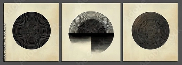 Fototapeta Three minimalist black and white circular abstract art prints with concentric lines and geometric patterns on beige textured backgrounds