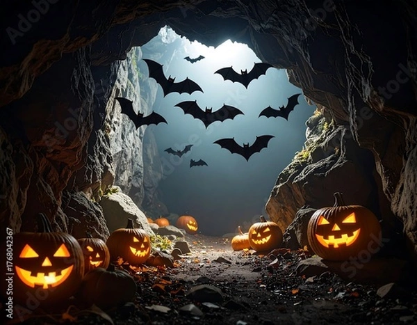 Fototapeta A carved pumpkin-lined cave with illuminated faces greets a viewer as shadowy bats fly above, amidst a dim, spooky scene