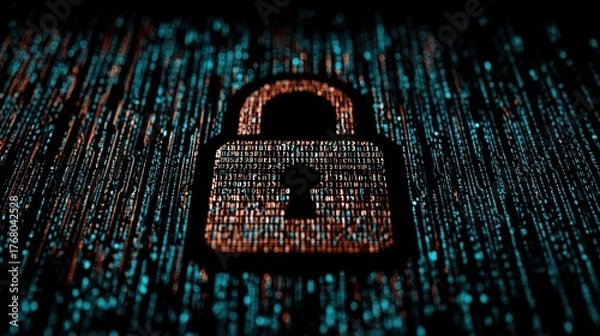Fototapeta Digital Security Lock Icon in Dark Background with Blue and Orange Data Streams for Cybersecurity and Technology Protection Concept