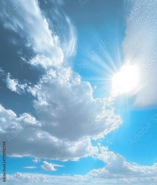 Fototapeta Bright sun shining through large fluffy clouds in a vibrant blue sky with rays of sunlight spreading outward, creating a serene and uplifting atmosphere