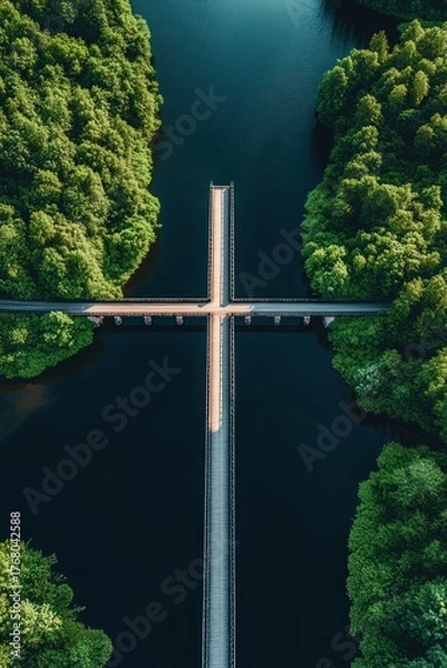 Fototapeta Aerial view of a cross-shaped pedestrian bridge over dark river water surrounded by dense green forest trees on both sides