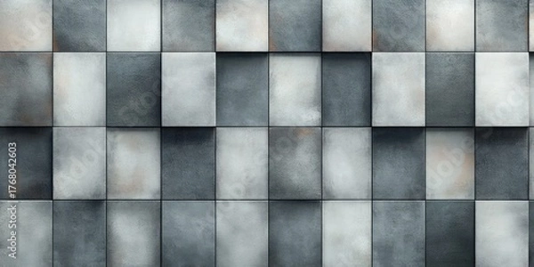 Fototapeta Close-up view of a wall covered with large square tiles in varying shades of gray with subtle rust and textured surfaces creating a modern industrial look